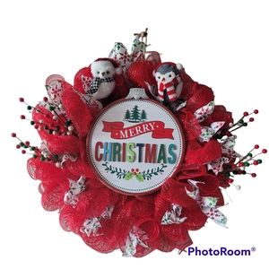 Merry Christmas Wreath with Owls, Ribbon, and Colorful Wooden Ornament Sign